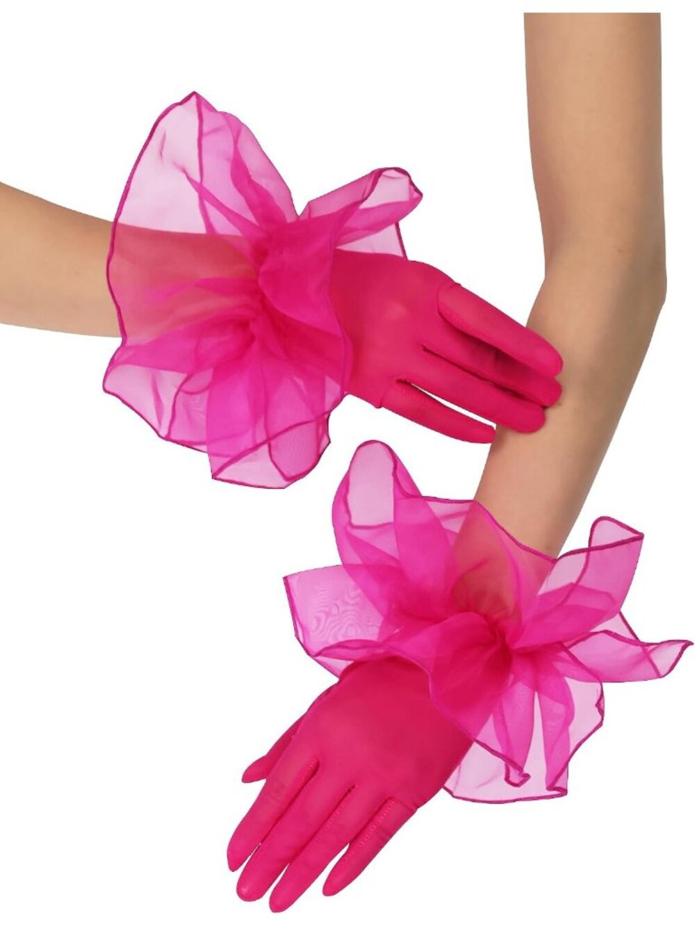 Women's Fuchsia 1920s Flapper Stretchy Ruffles Sheer Opera Short Mesh Gloves